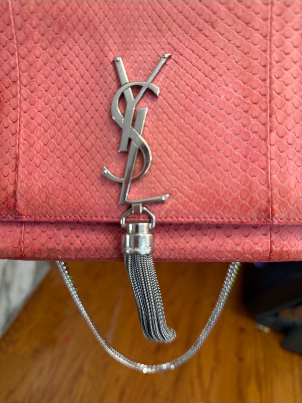 Yves Saint Laurent Coral Red Monogram Tassel Crossbody Bag - Picture 13 of 15